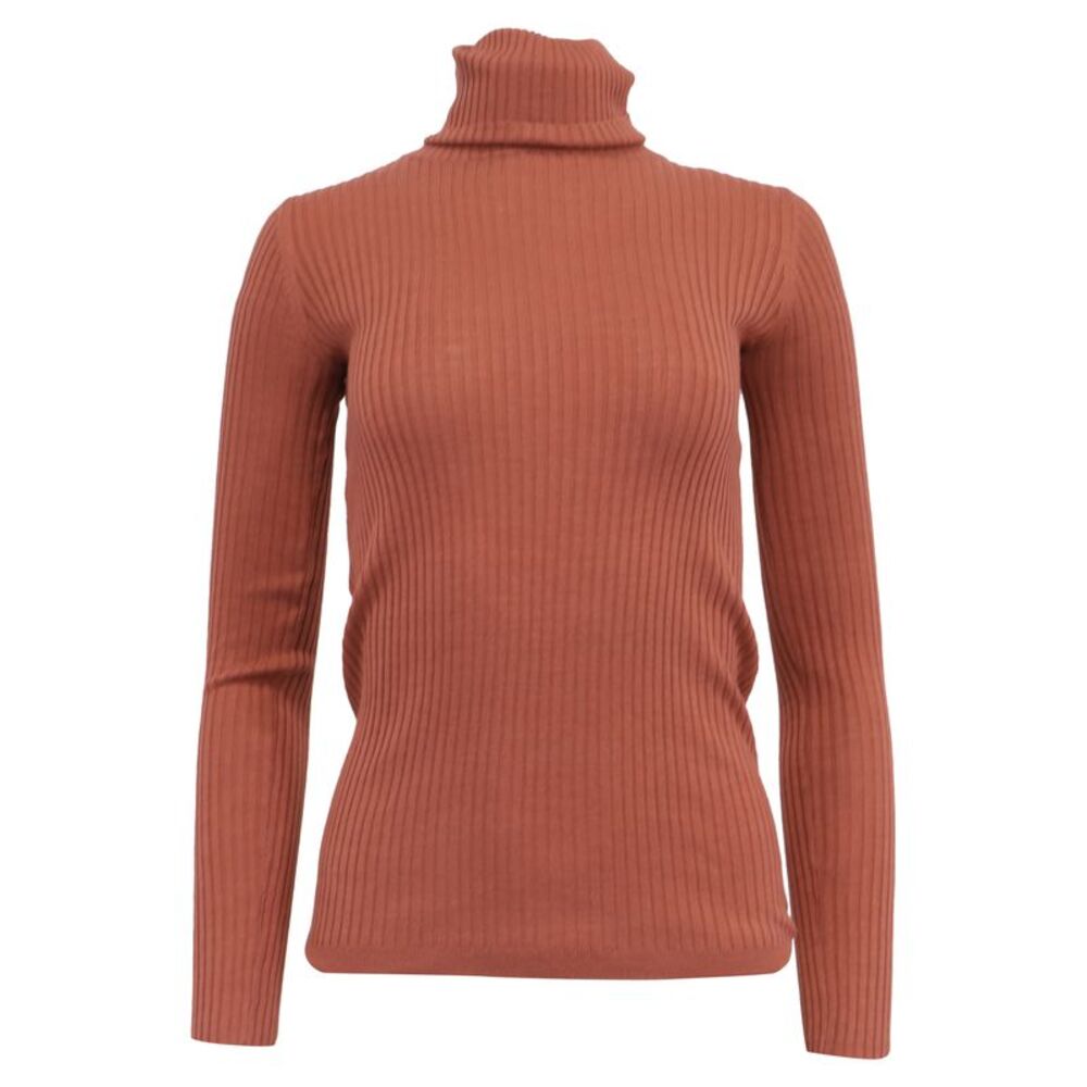 Theory Ribbed-Knit Rolled Neck Sweater in Rust Wool